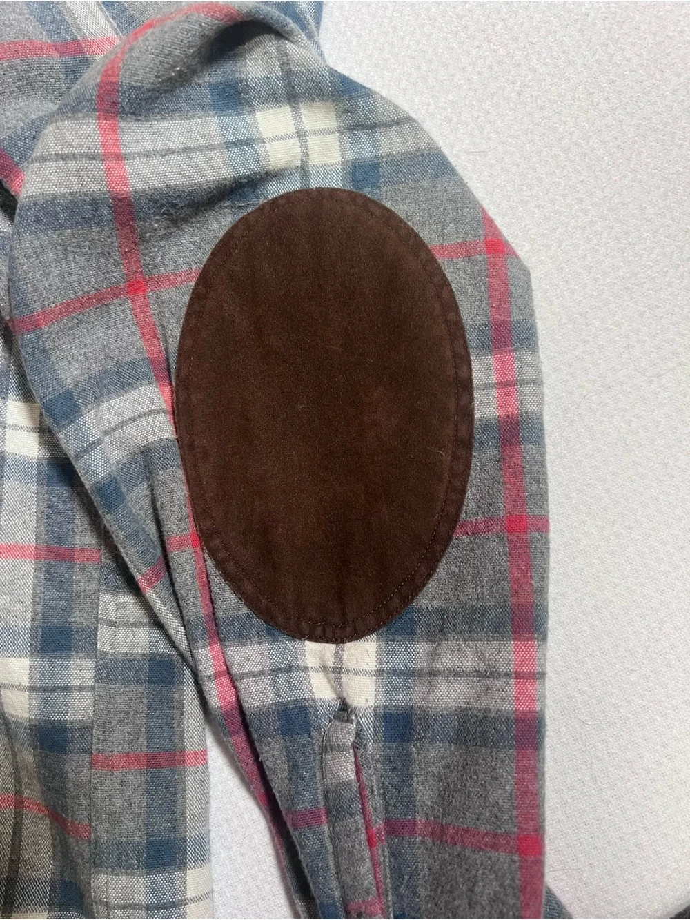 J. Crew Men's Gray Plaid Button-Up 100% Cotton Shirt with Brown Elbow Patches XL